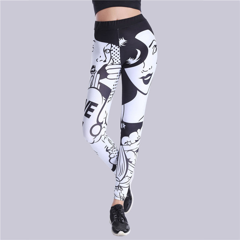 Thick Black And White Letter Print Tight Yoga Leggings
