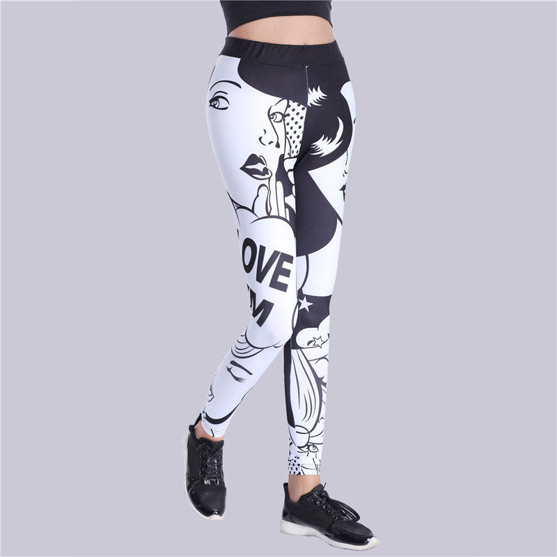 Thick Black And White Letter Print Tight Yoga Leggings