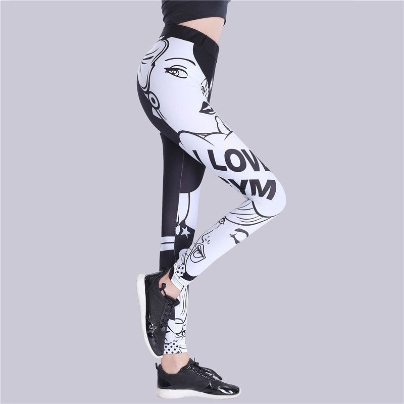 Thick Black And White Letter Print Tight Yoga Leggings