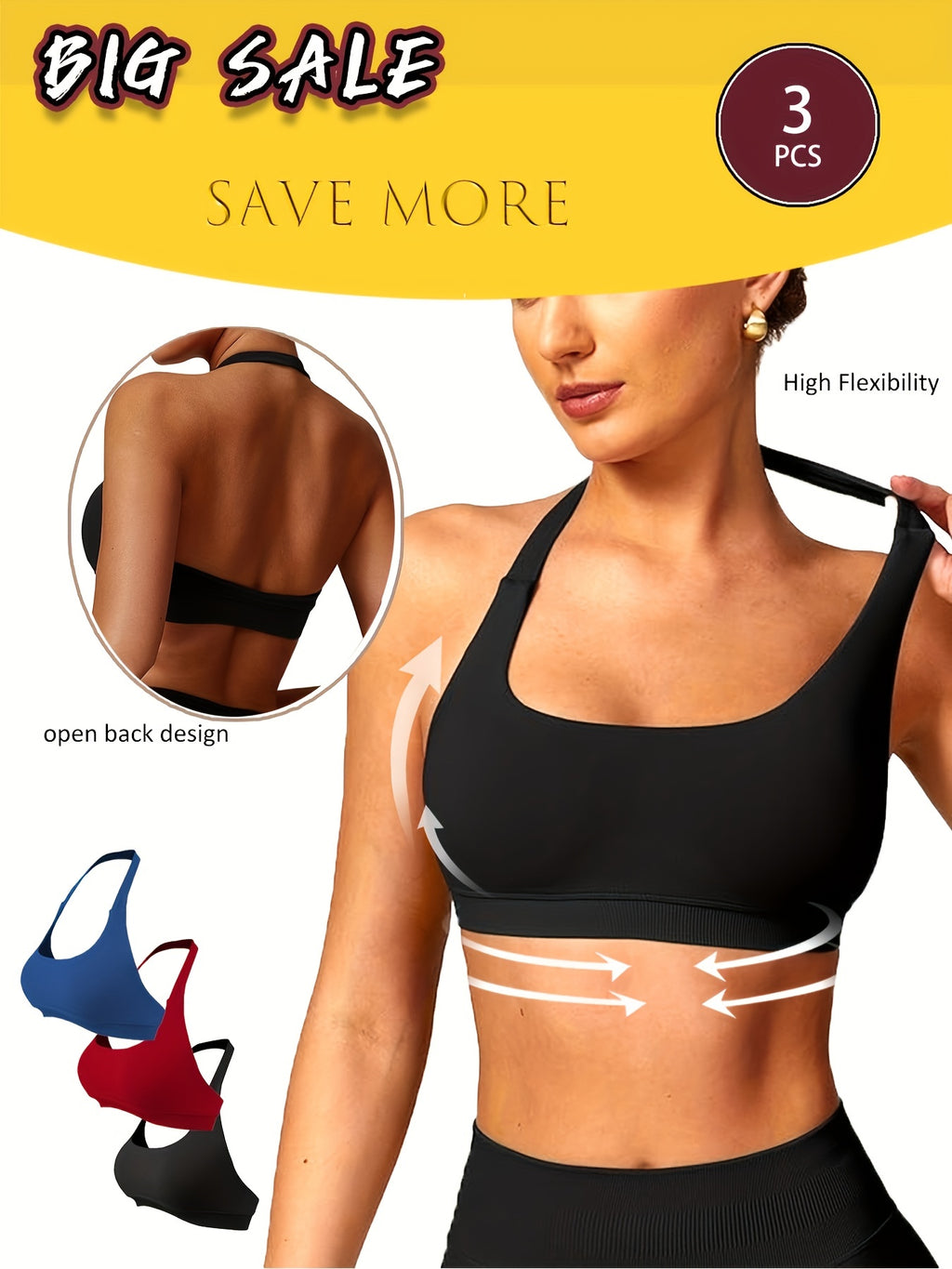 3-Pack Yoga Bras - Breathable & Seamless